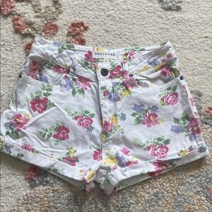 Bullhead Women's Floral Jean Shorts - White with Pink and Purple